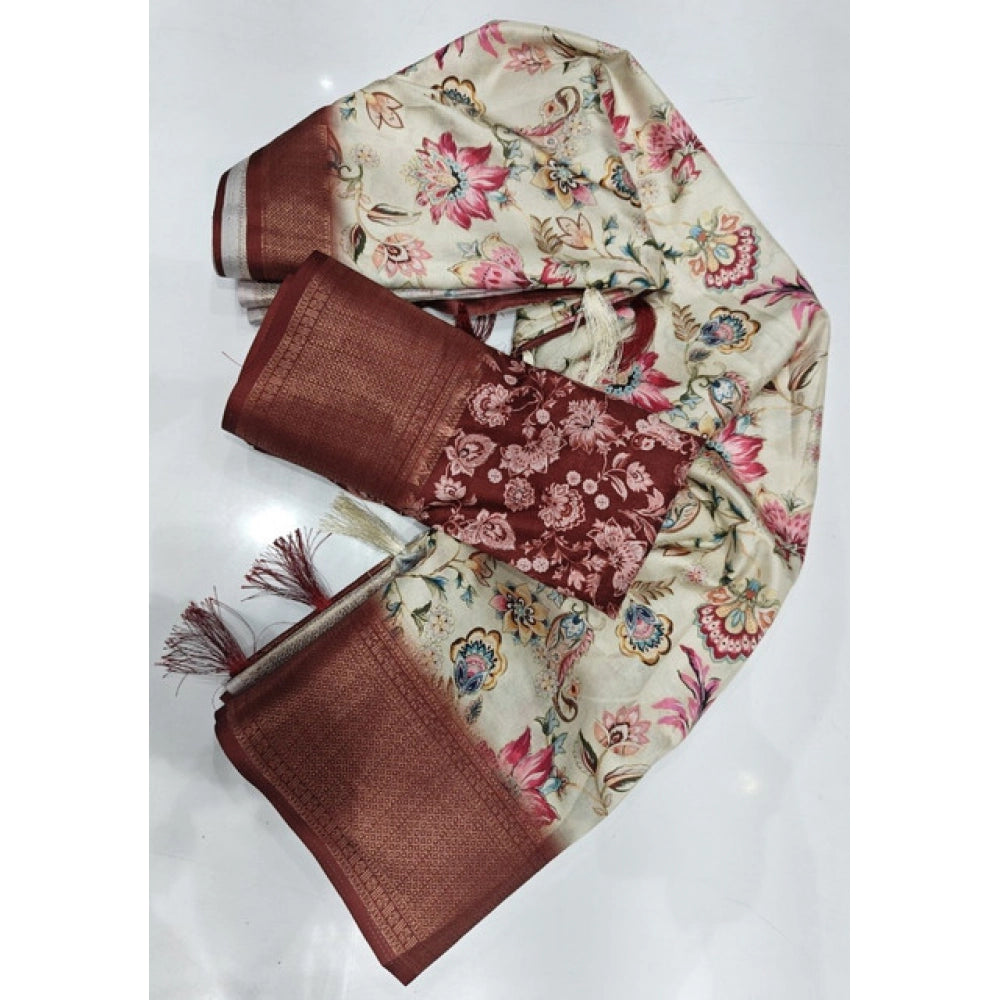Generic Women's Cotton Silk Floral Printed Saree With Unstitched Blouse 5.5Mtr (Gold-Brown)