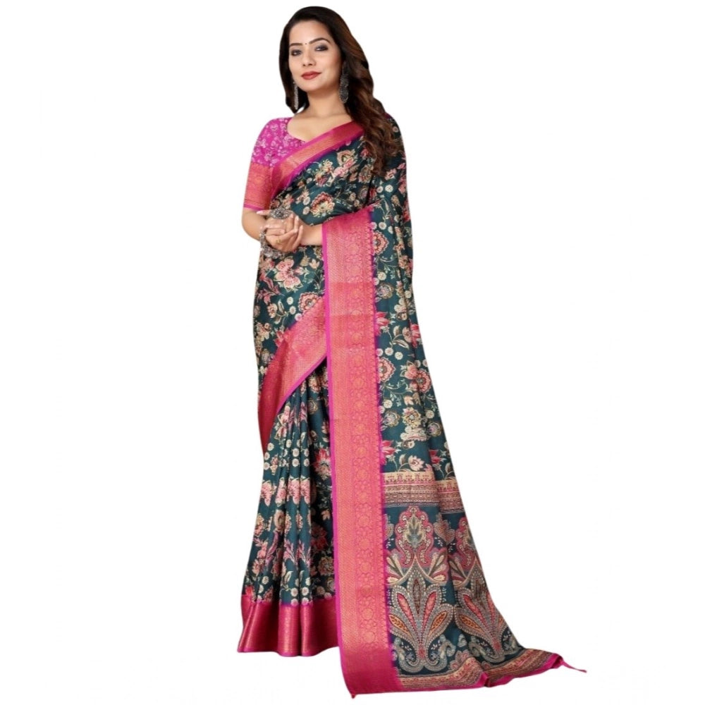 Generic Women's Cotton Silk Floral Printed Saree With Unstitched Blouse 5.5Mtr (Green-Pink)