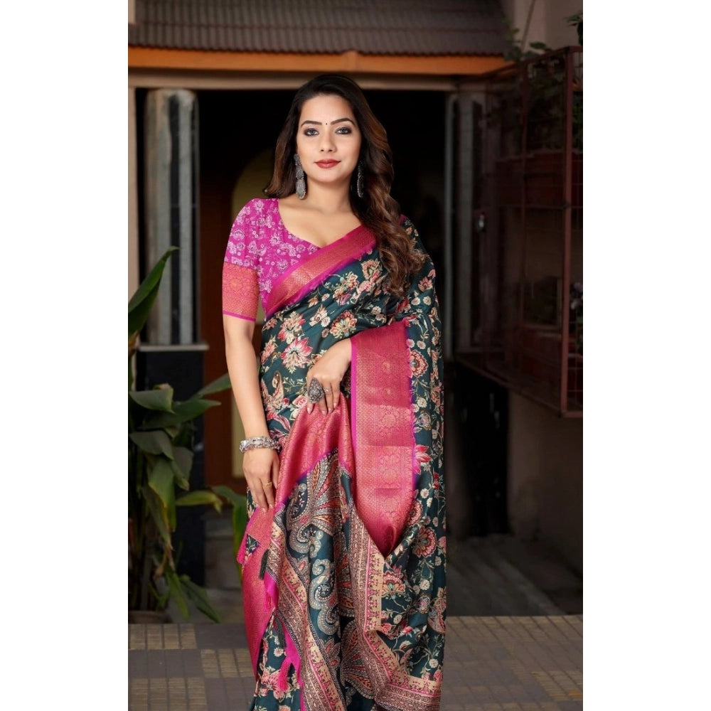 Generic Women's Cotton Silk Floral Printed Saree With Unstitched Blouse 5.5Mtr (Green-Pink)