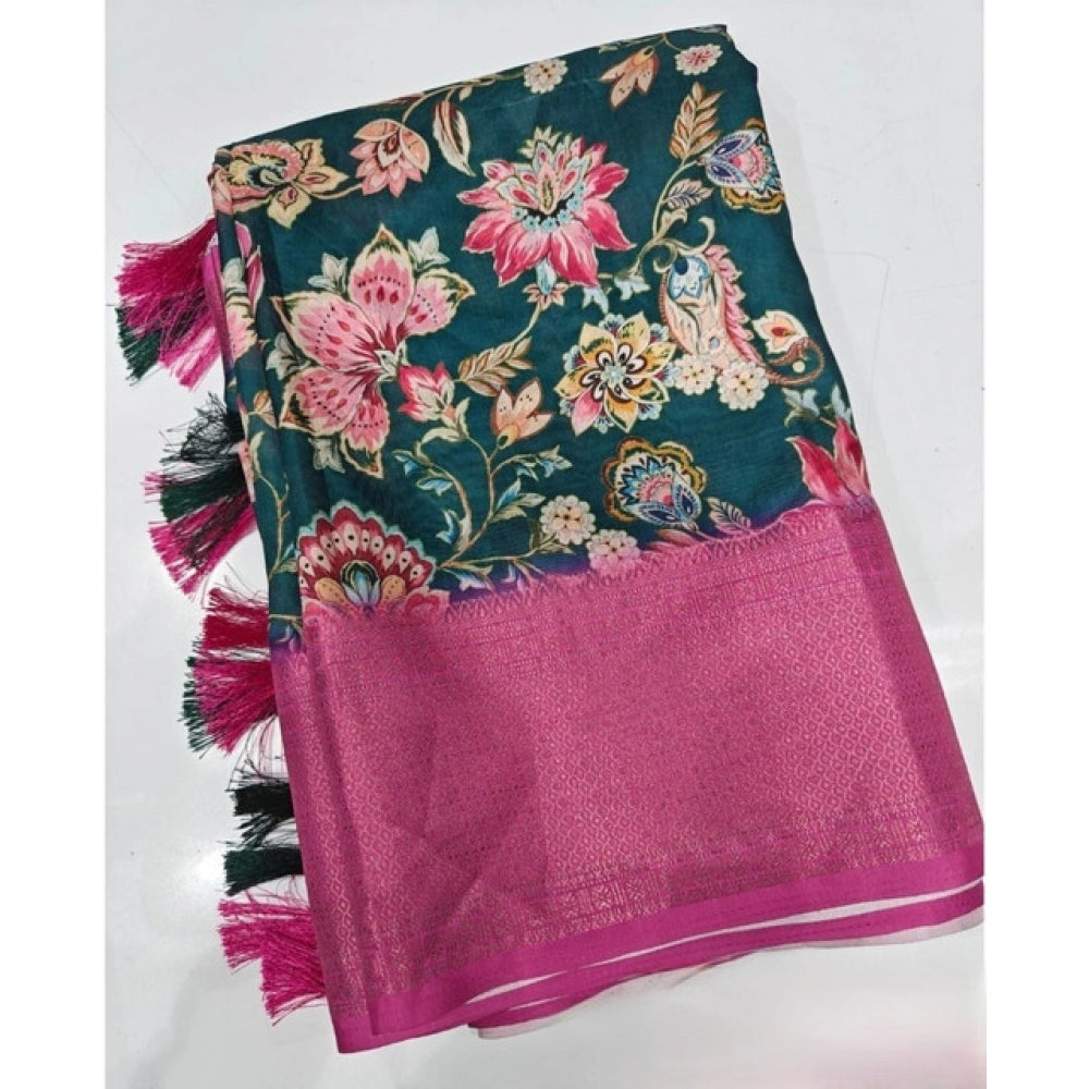 Generic Women's Cotton Silk Floral Printed Saree With Unstitched Blouse 5.5Mtr (Green-Pink)