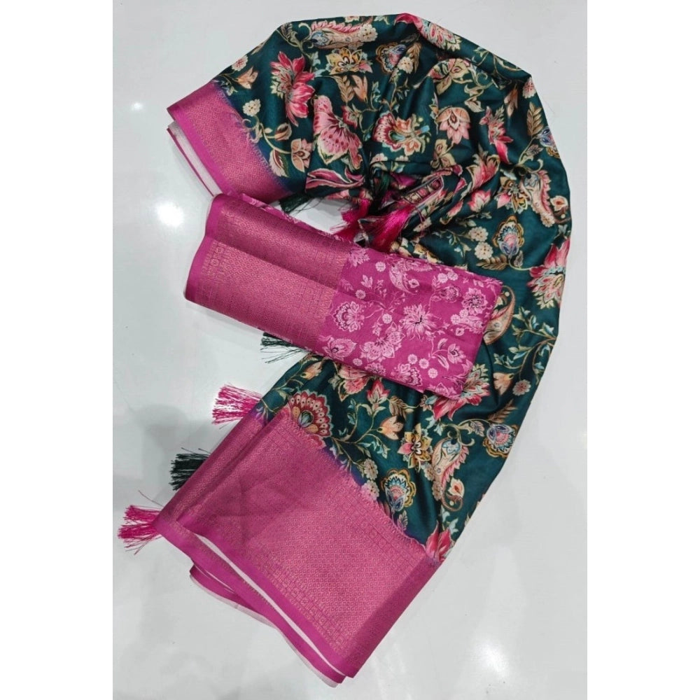 Generic Women's Cotton Silk Floral Printed Saree With Unstitched Blouse 5.5Mtr (Green-Pink)