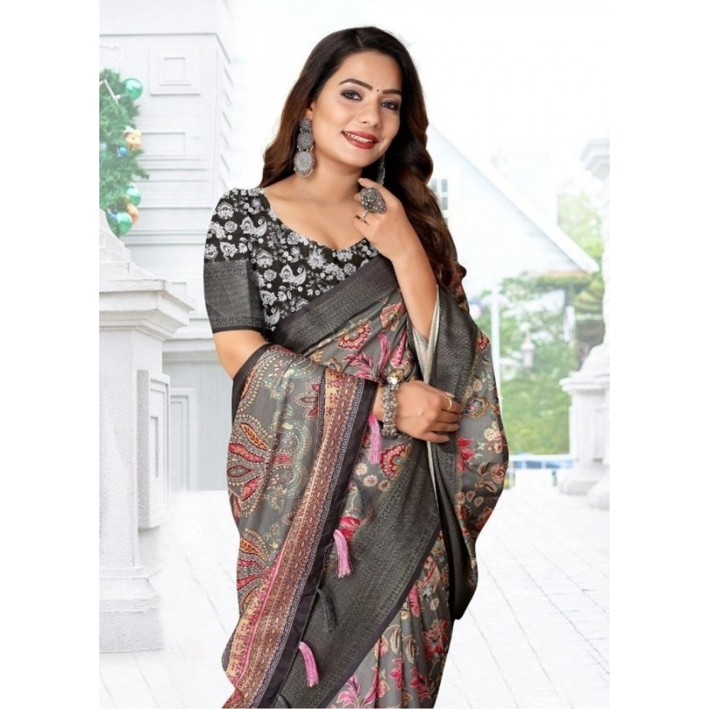 Generic Women's Cotton Silk Floral Printed Saree With Unstitched Blouse 5.5Mtr (Grey-Black)