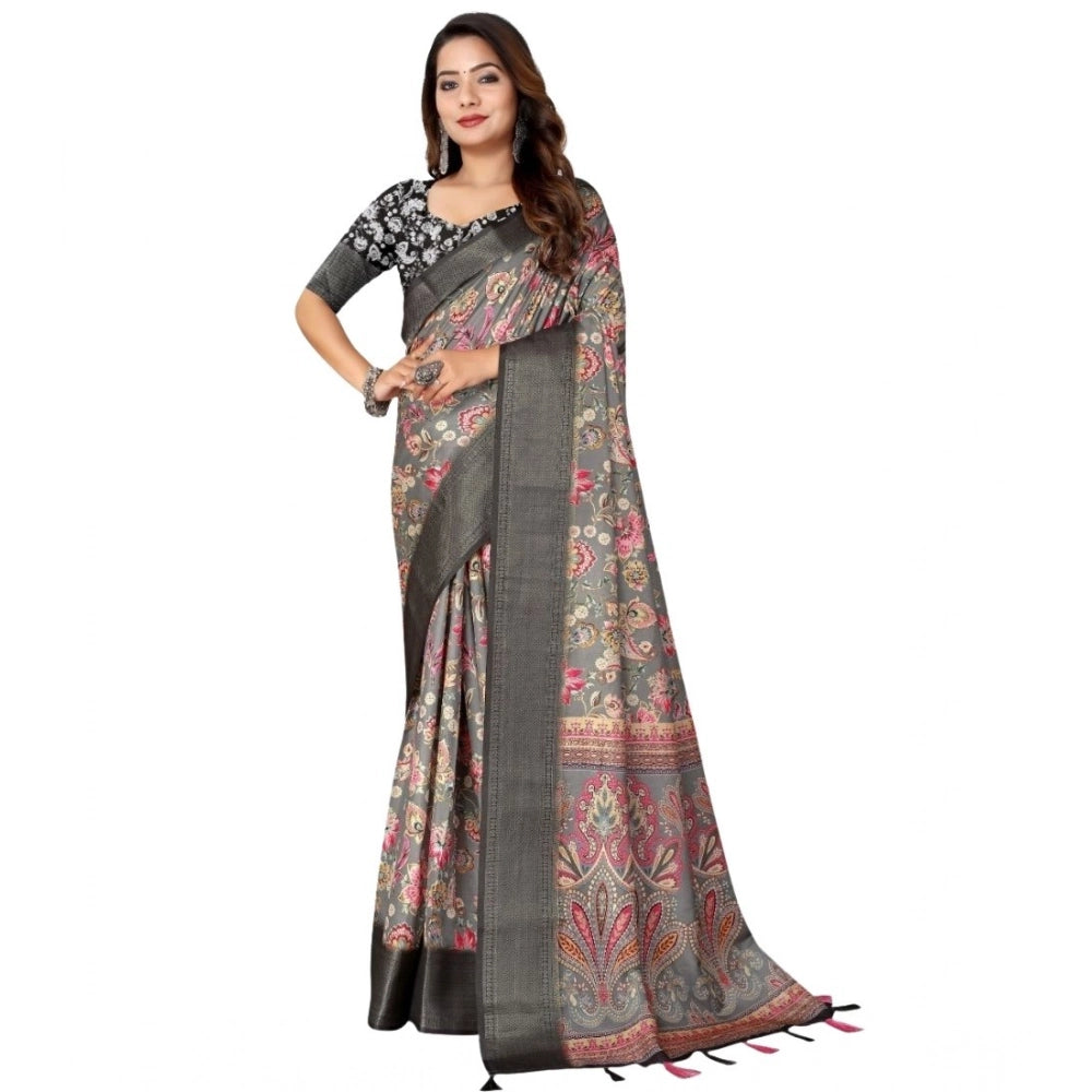Generic Women's Cotton Silk Floral Printed Saree With Unstitched Blouse 5.5Mtr (Grey-Black)