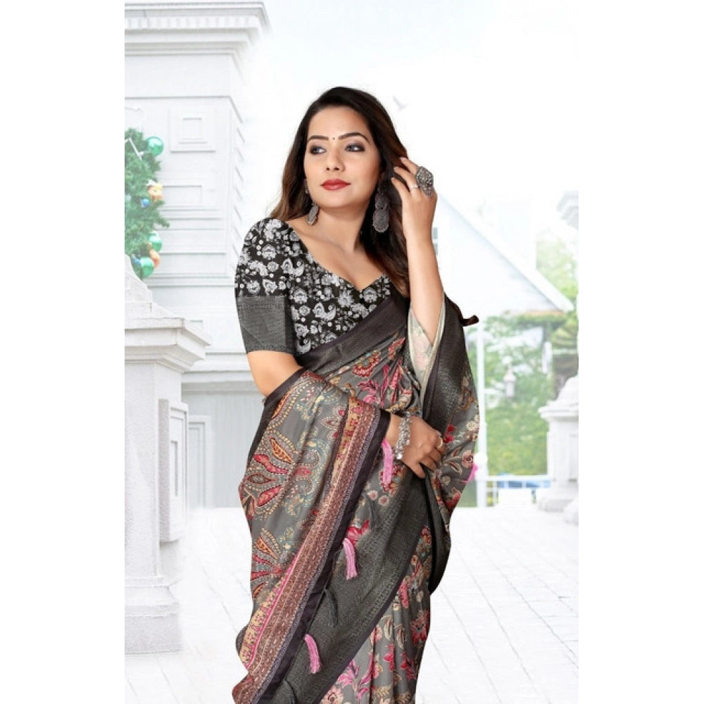 Generic Women's Cotton Silk Floral Printed Saree With Unstitched Blouse 5.5Mtr (Grey-Black)