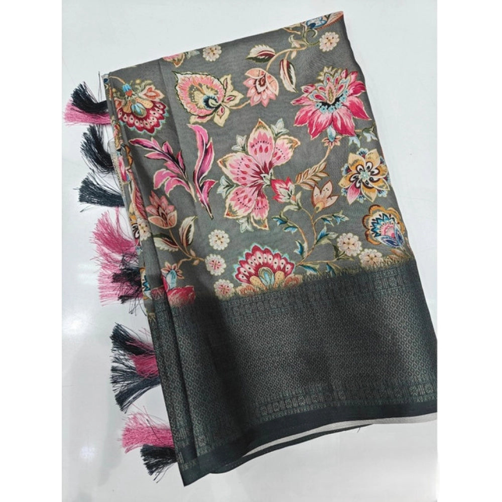 Generic Women's Cotton Silk Floral Printed Saree With Unstitched Blouse 5.5Mtr (Grey-Black)