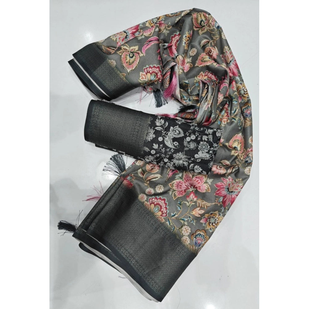Generic Women's Cotton Silk Floral Printed Saree With Unstitched Blouse 5.5Mtr (Grey-Black)