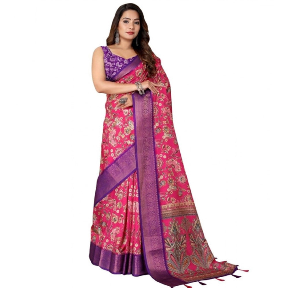 Generic Women's Cotton Silk Floral Printed Saree With Unstitched Blouse 5.5Mtr (Pink-Purple)