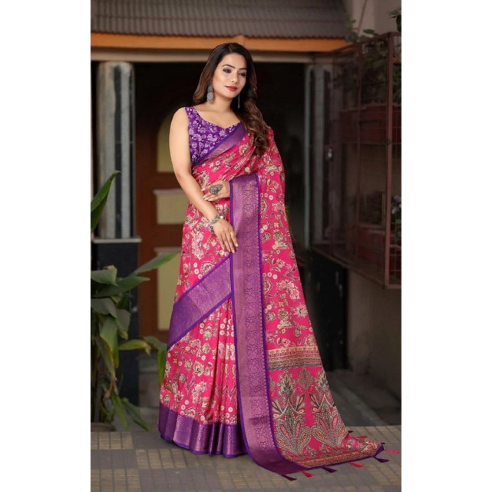 Generic Women's Cotton Silk Floral Printed Saree With Unstitched Blouse 5.5Mtr (Pink-Purple)