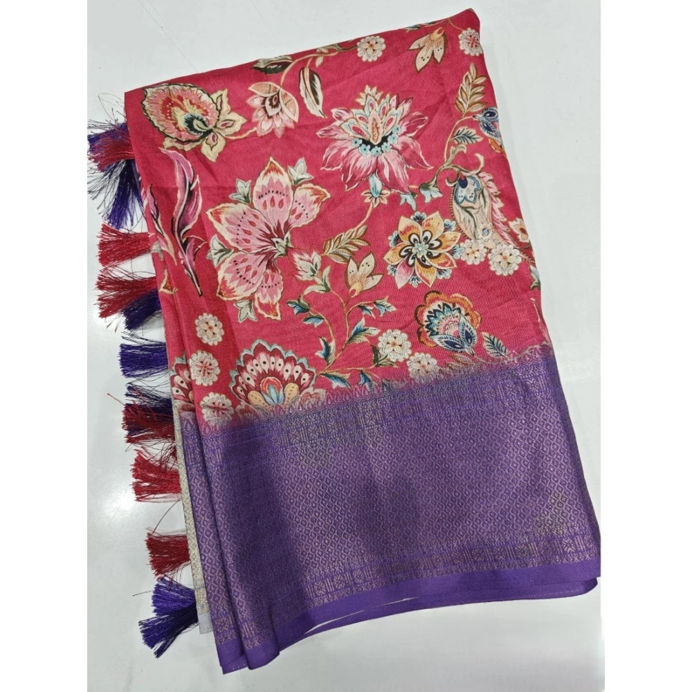 Generic Women's Cotton Silk Floral Printed Saree With Unstitched Blouse 5.5Mtr (Pink-Purple)