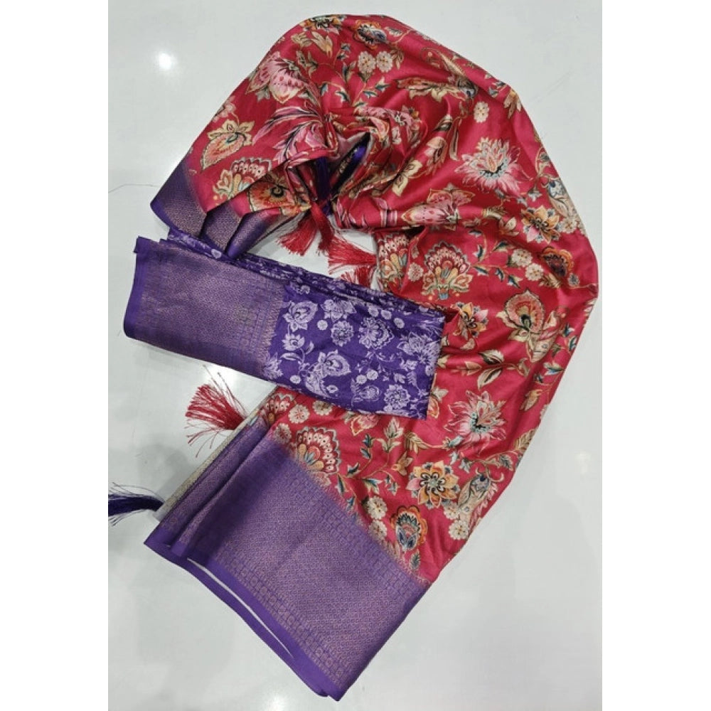 Generic Women's Cotton Silk Floral Printed Saree With Unstitched Blouse 5.5Mtr (Pink-Purple)