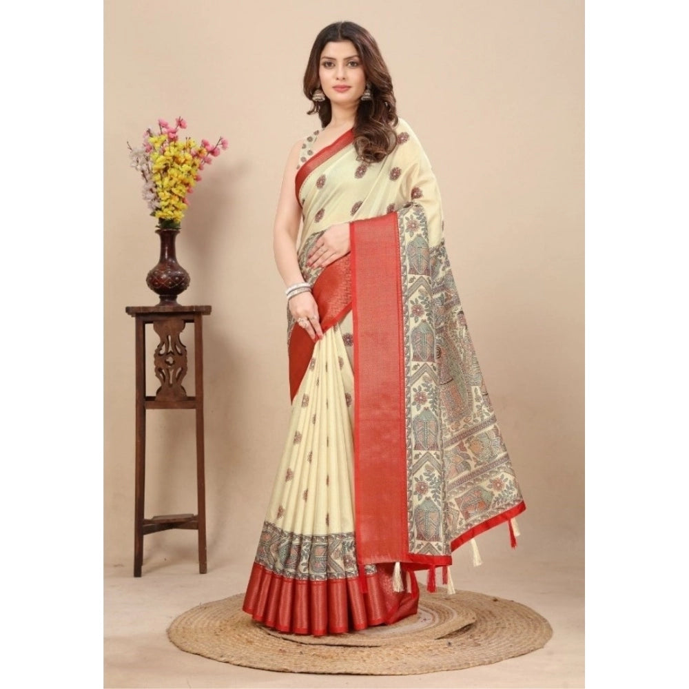 Generic Women's Cotton Silk Printed Saree With Unstitched Blouse 5.5Mtr (Cream)