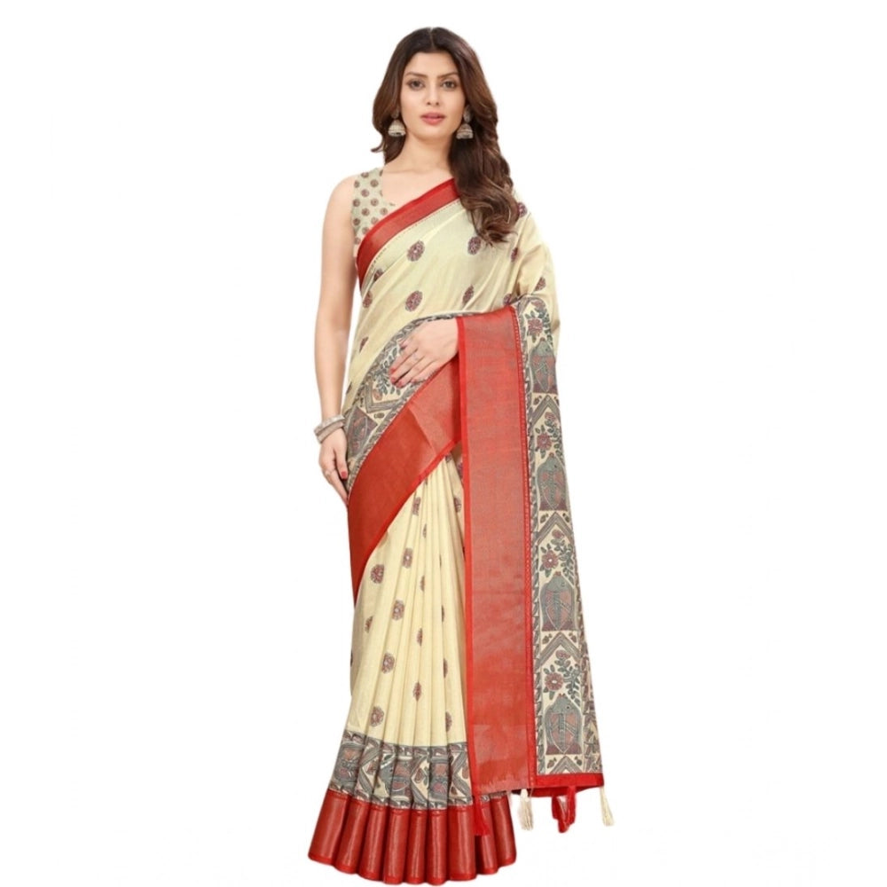 Generic Women's Cotton Silk Printed Saree With Unstitched Blouse 5.5Mtr (Cream)
