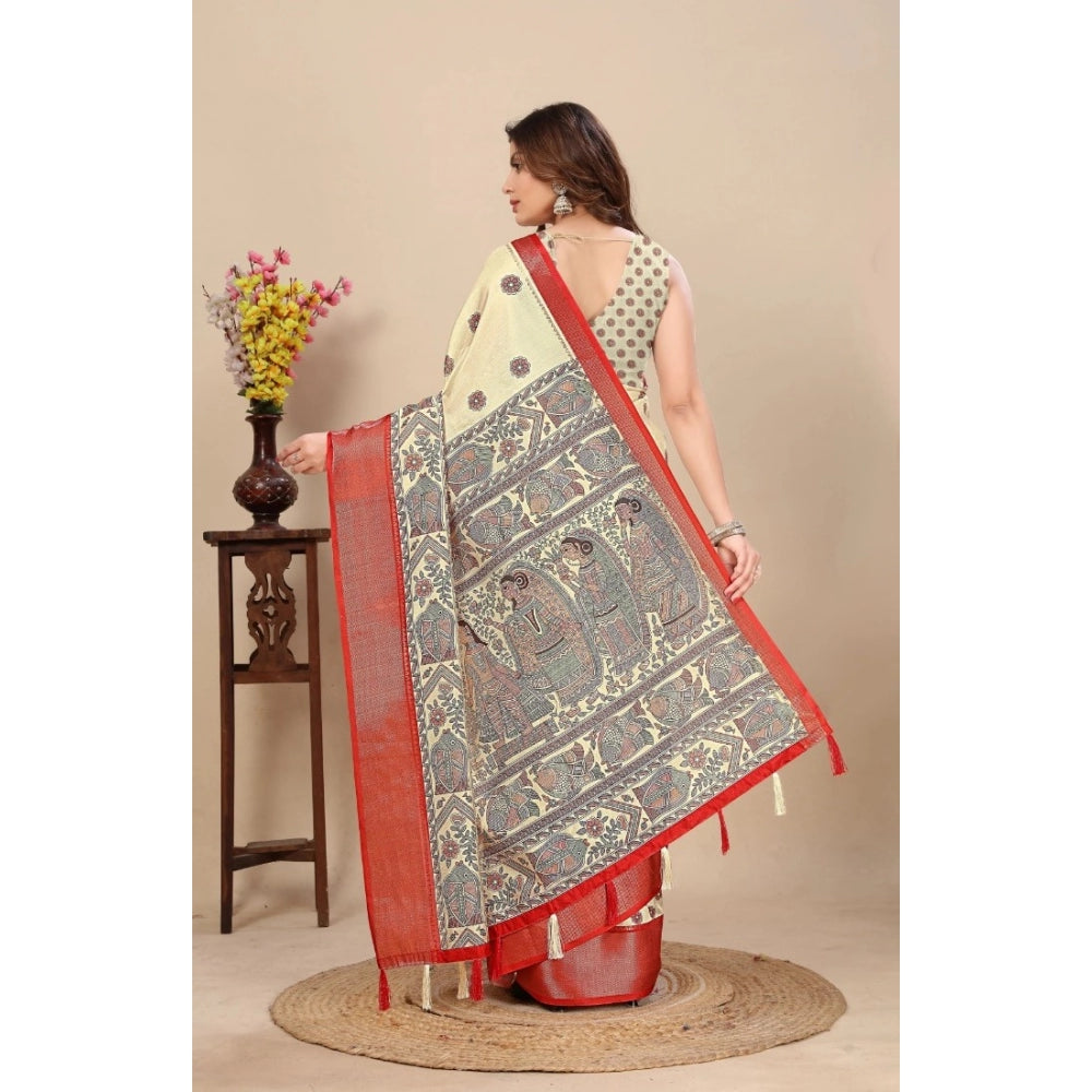 Generic Women's Cotton Silk Printed Saree With Unstitched Blouse 5.5Mtr (Cream)