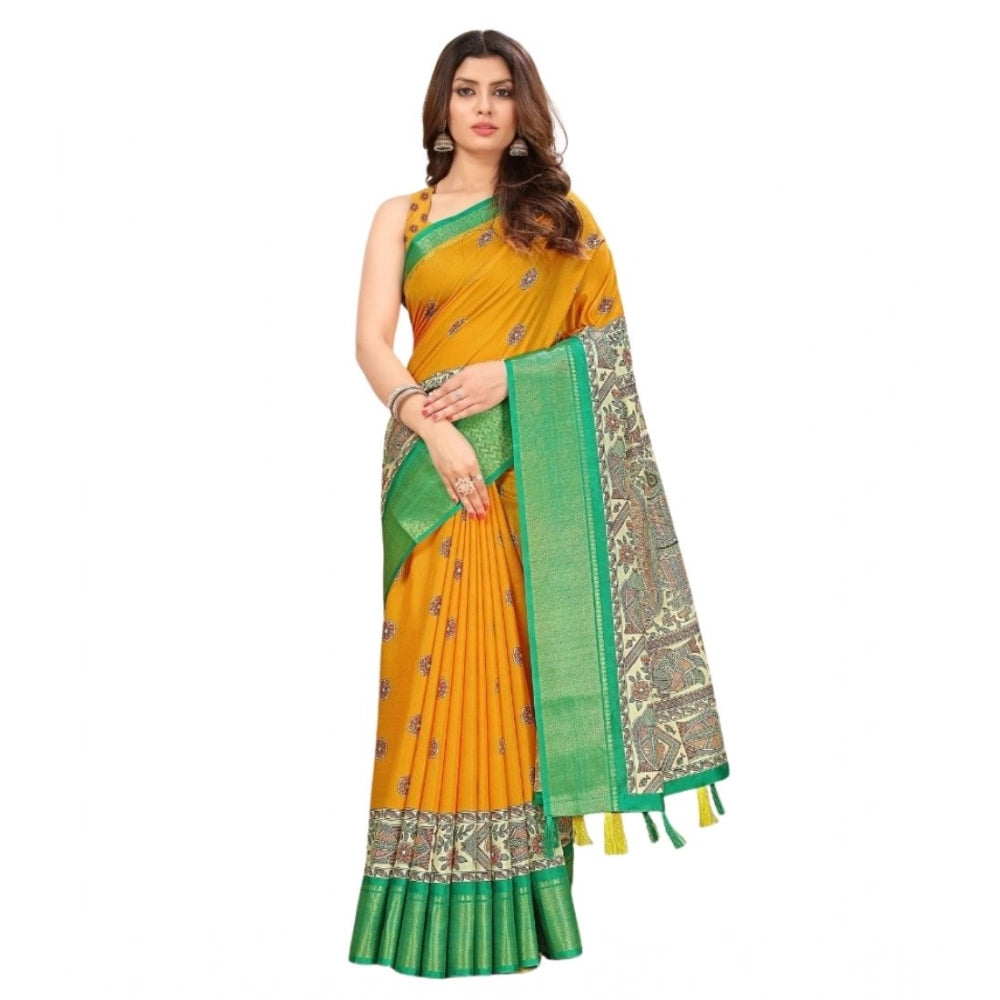 Generic Women's Cotton Silk Printed Saree With Unstitched Blouse 5.5Mtr (Yellow)