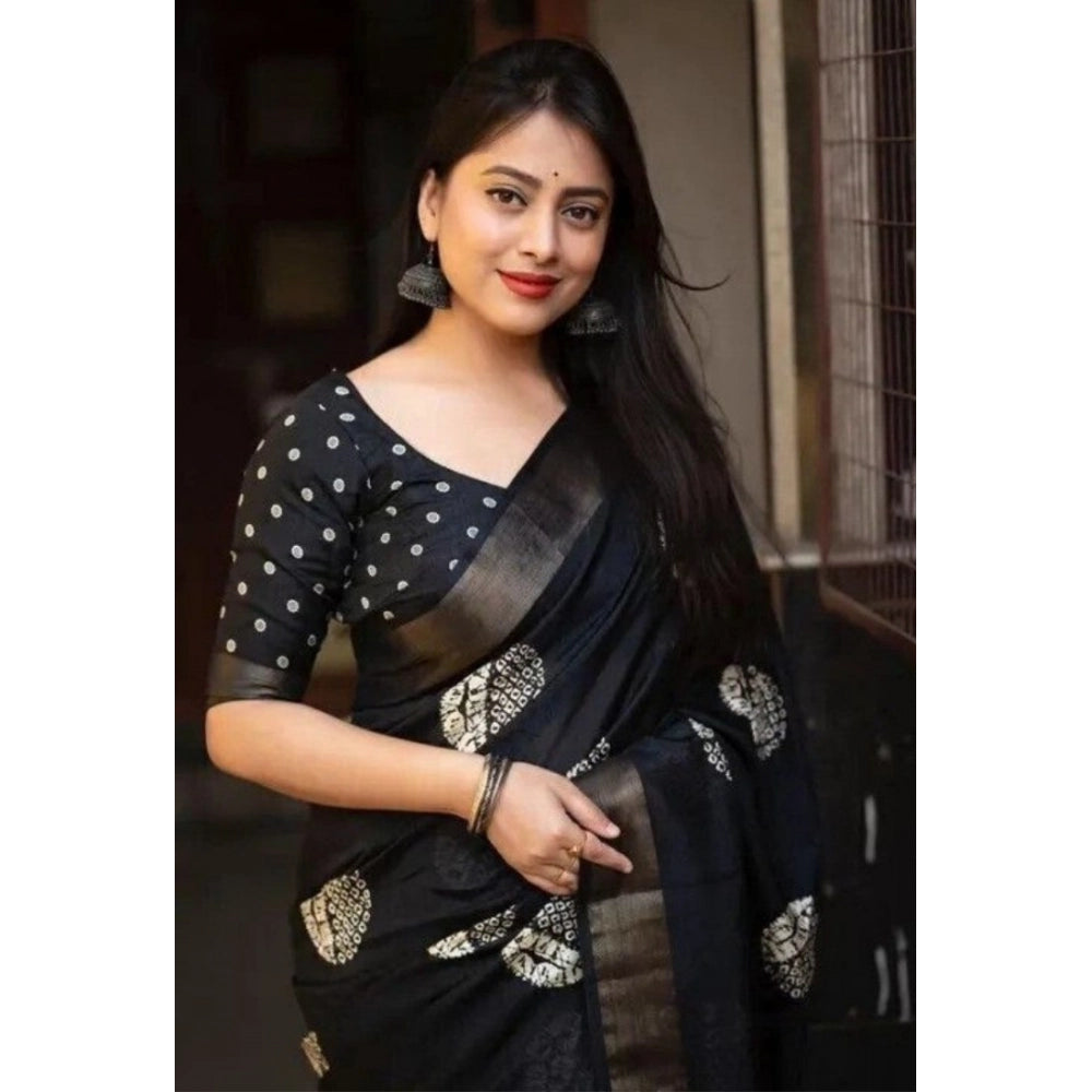Generic Women's Cotton Silk Printed Saree With Unstitched Blouse 5.5Mtr (Black)