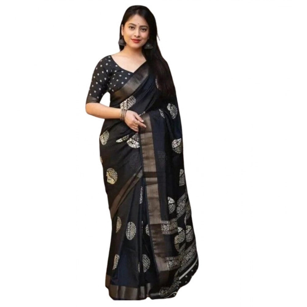 Generic Women's Cotton Silk Printed Saree With Unstitched Blouse 5.5Mtr (Black)