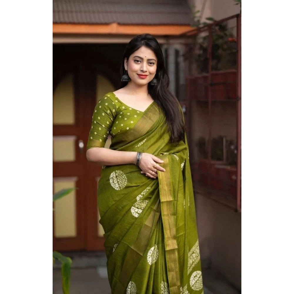 Generic Women's Cotton Silk Printed Saree With Unstitched Blouse 5.5Mtr (Green)