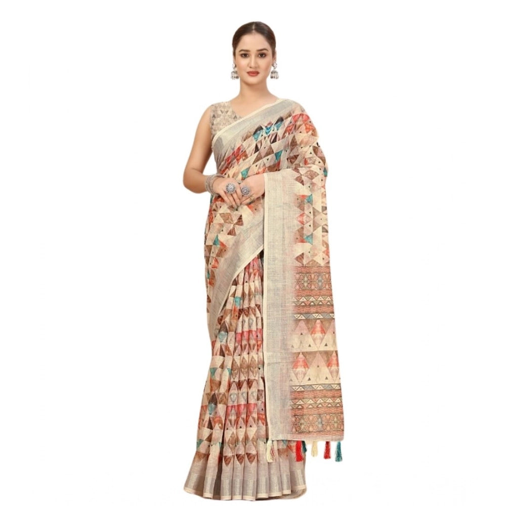 Generic Women's Cotton Silk Printed Saree With Unstitched Blouse 5.5Mtr (Multicolor)