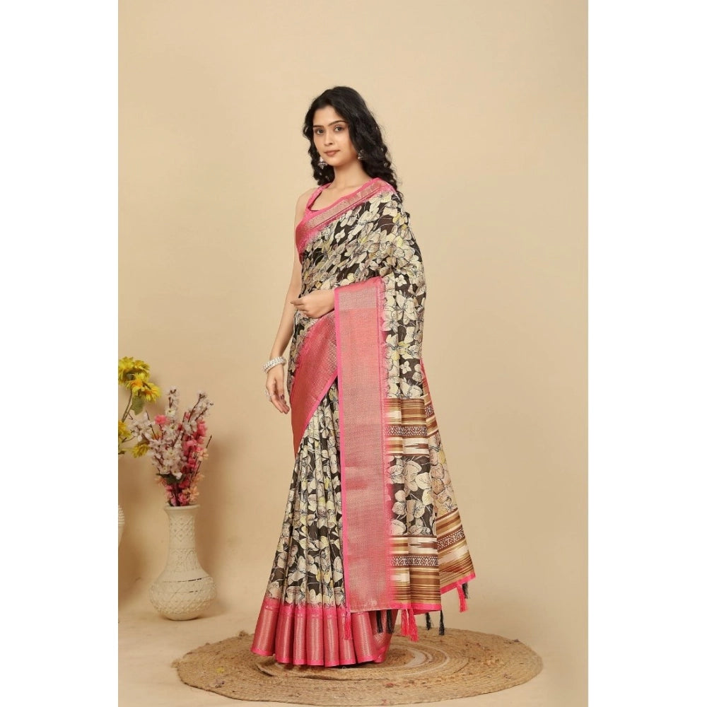 Generic Women's Cotton Silk Floral Printed Saree With Unstitched Blouse 5.5Mtr (Black)