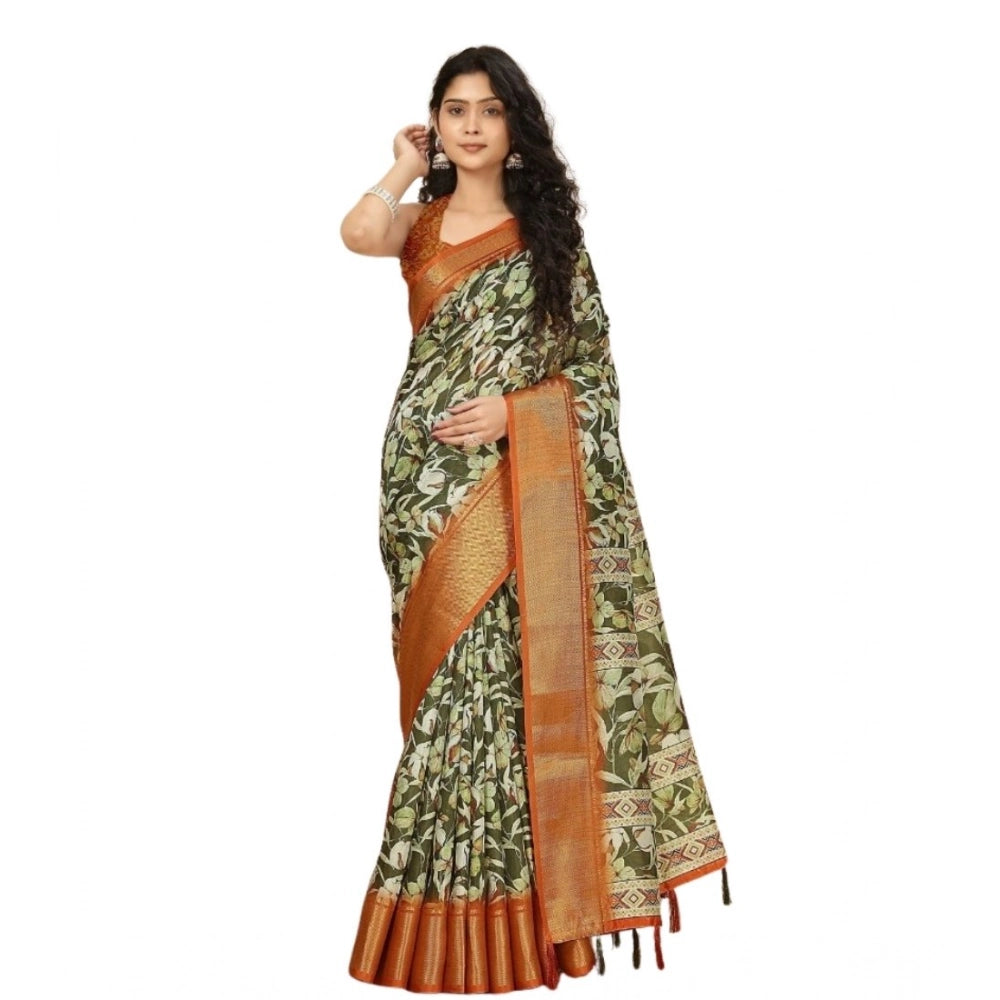 Generic Women's Cotton Silk Floral Printed Saree With Unstitched Blouse 5.5Mtr (Multicolor)