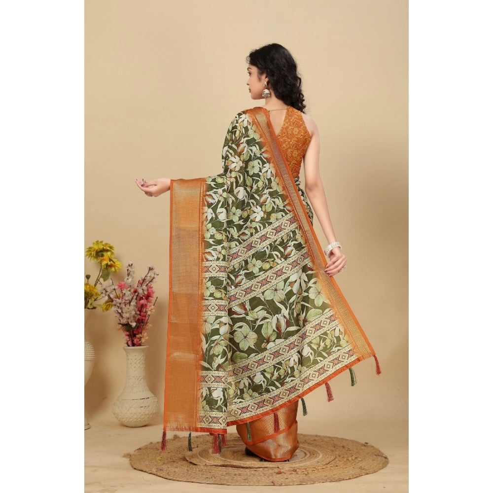 Generic Women's Cotton Silk Floral Printed Saree With Unstitched Blouse 5.5Mtr (Multicolor)