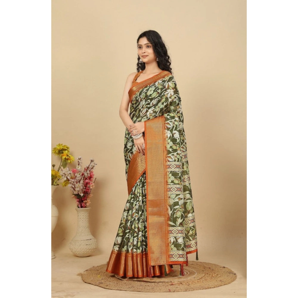 Generic Women's Cotton Silk Floral Printed Saree With Unstitched Blouse 5.5Mtr (Multicolor)