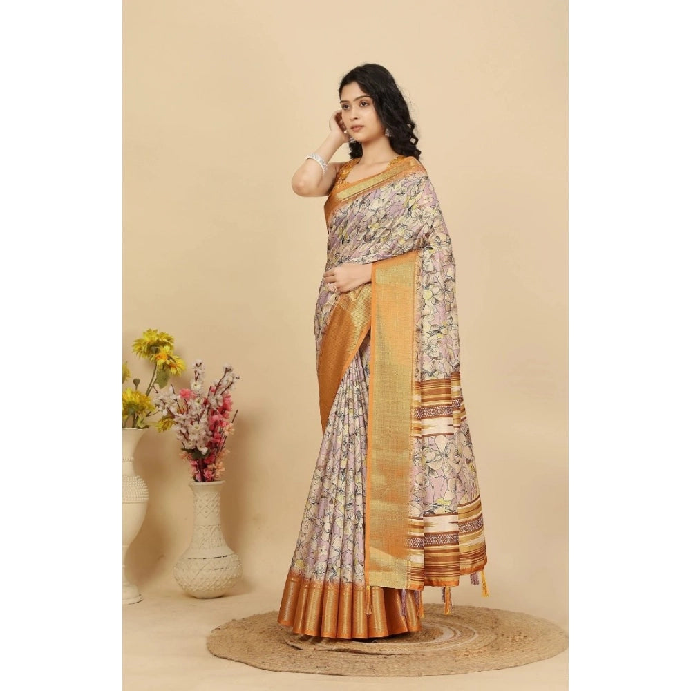 Generic Women's Cotton Silk Floral Printed Saree With Unstitched Blouse 5.5Mtr (Lavender)