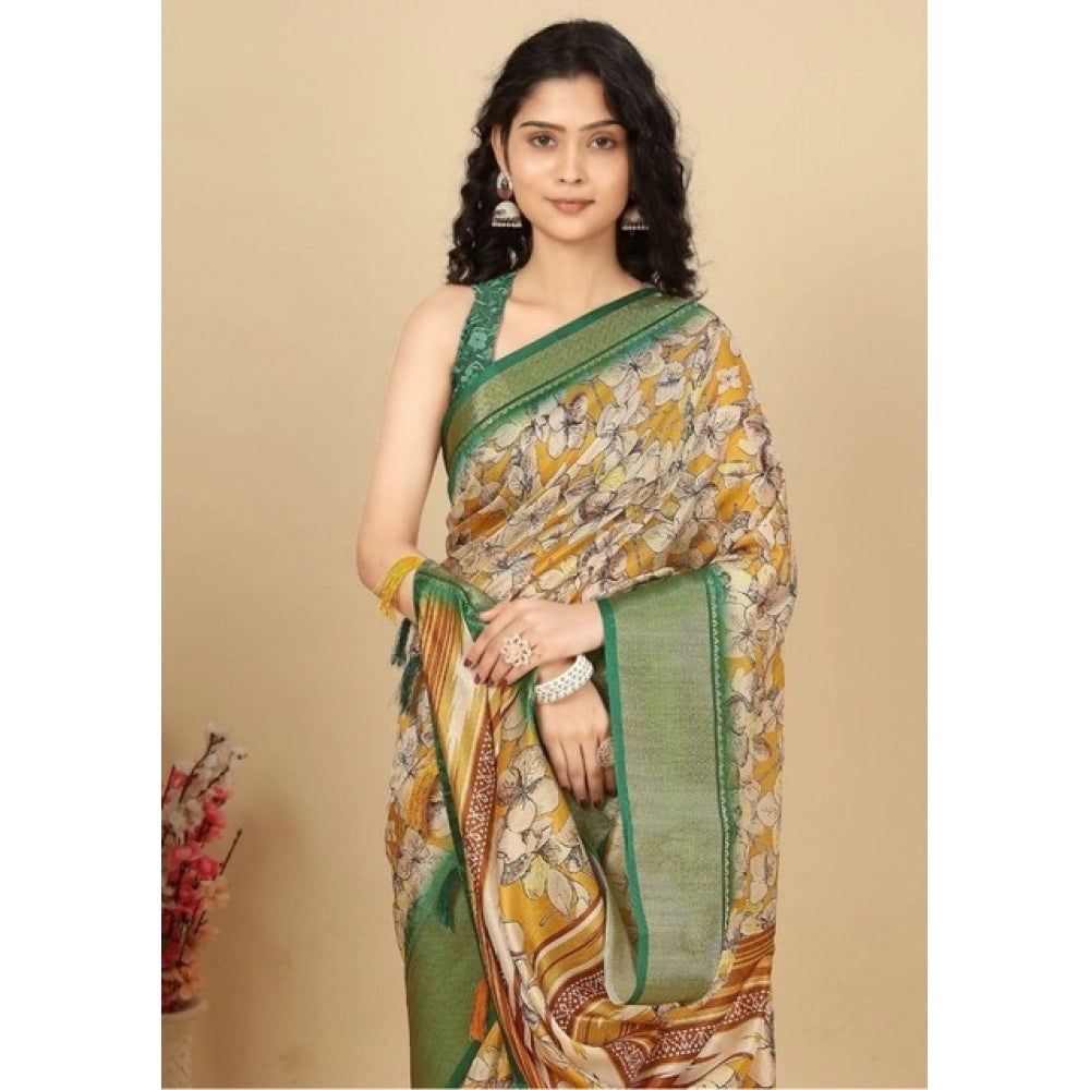 Generic Women's Cotton Silk Floral Printed Saree With Unstitched Blouse 5.5Mtr (Mustard)