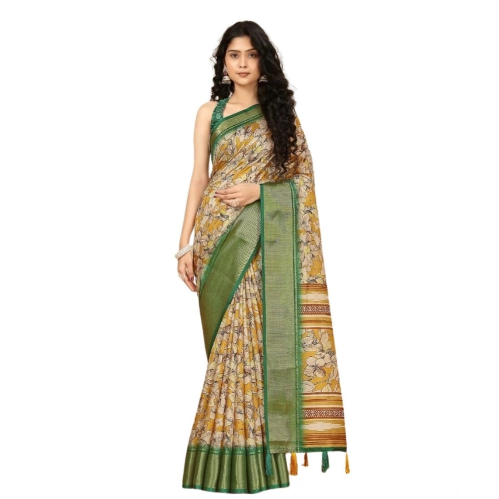 Generic Women's Cotton Silk Floral Printed Saree With Unstitched Blouse 5.5Mtr (Mustard)