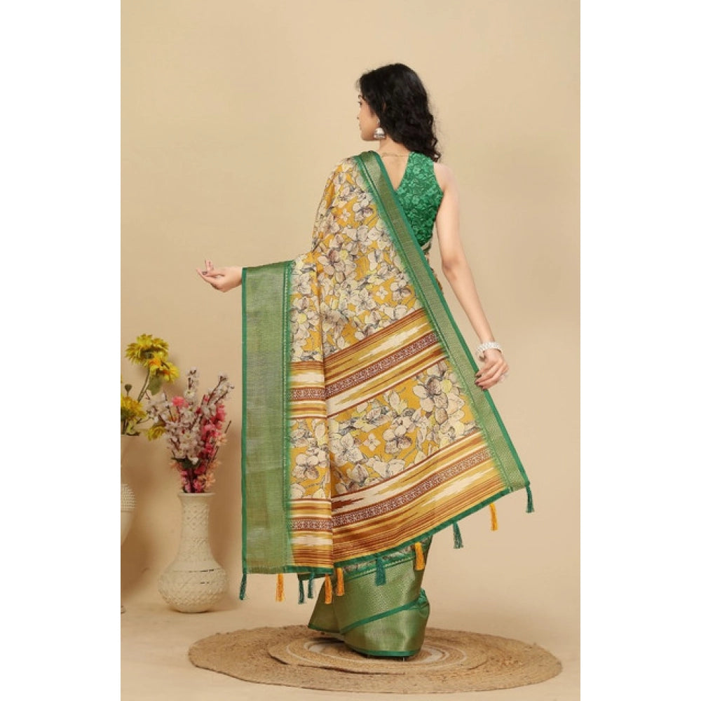 Generic Women's Cotton Silk Floral Printed Saree With Unstitched Blouse 5.5Mtr (Mustard)