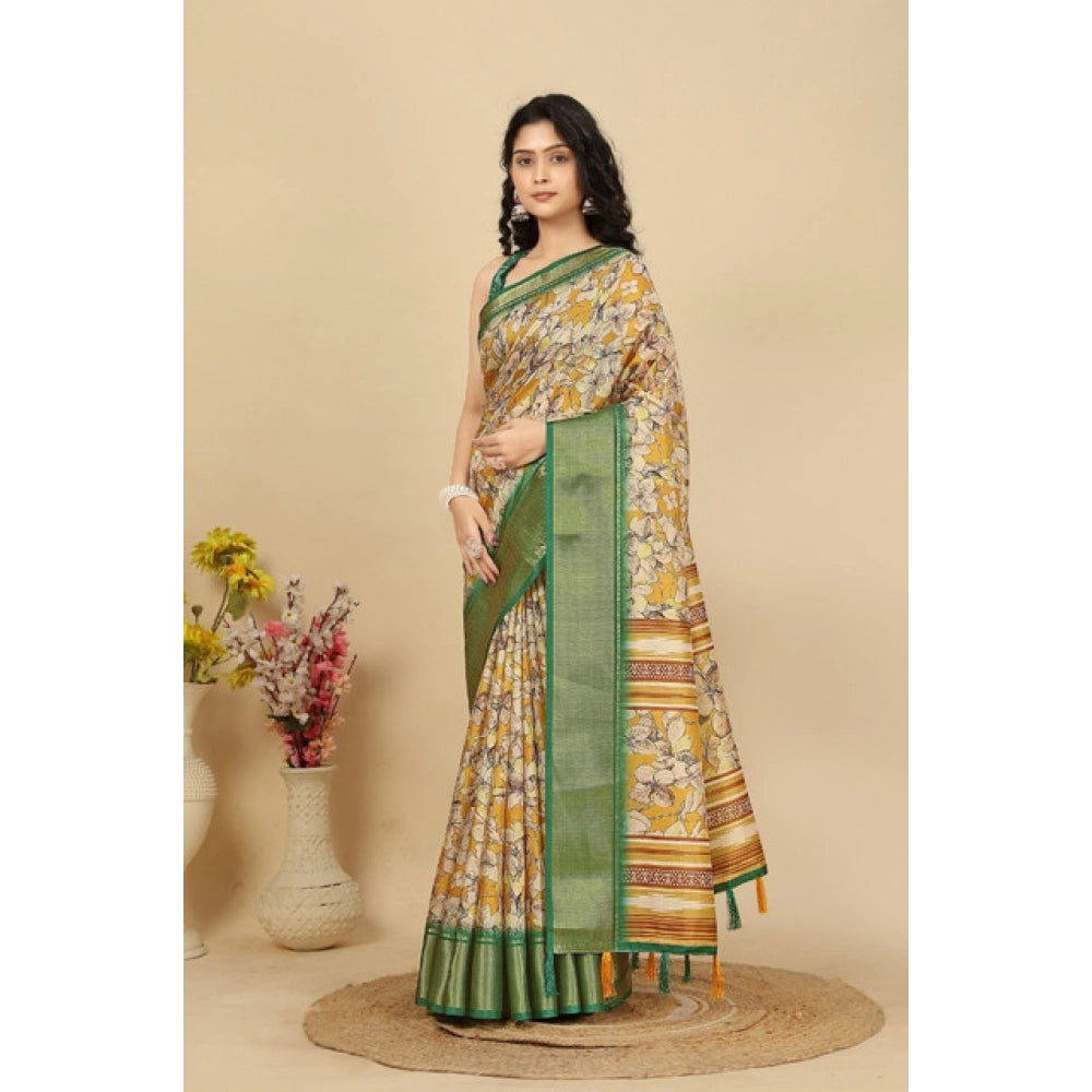 Generic Women's Cotton Silk Floral Printed Saree With Unstitched Blouse 5.5Mtr (Mustard)