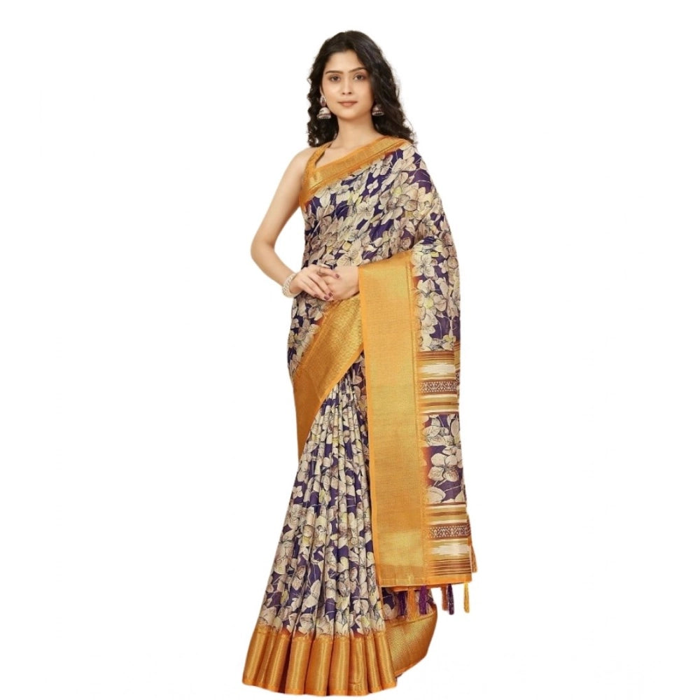 Generic Women's Cotton Silk Floral Printed Saree With Unstitched Blouse 5.5Mtr (Purple)
