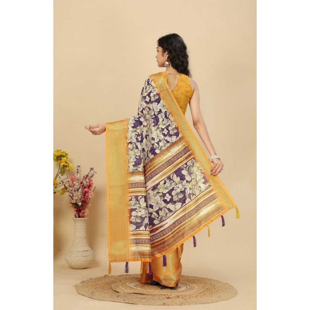 Generic Women's Cotton Silk Floral Printed Saree With Unstitched Blouse 5.5Mtr (Purple)