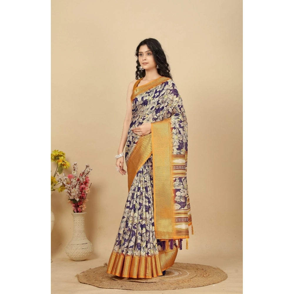 Generic Women's Cotton Silk Floral Printed Saree With Unstitched Blouse 5.5Mtr (Purple)