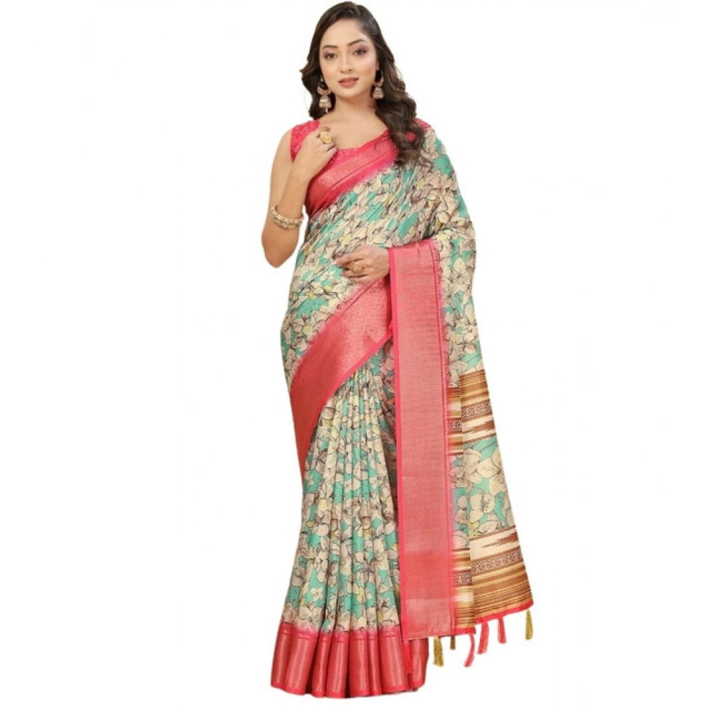 Generic Women's Cotton Silk Floral Printed Saree With Unstitched Blouse 5.5Mtr (Multicolor)