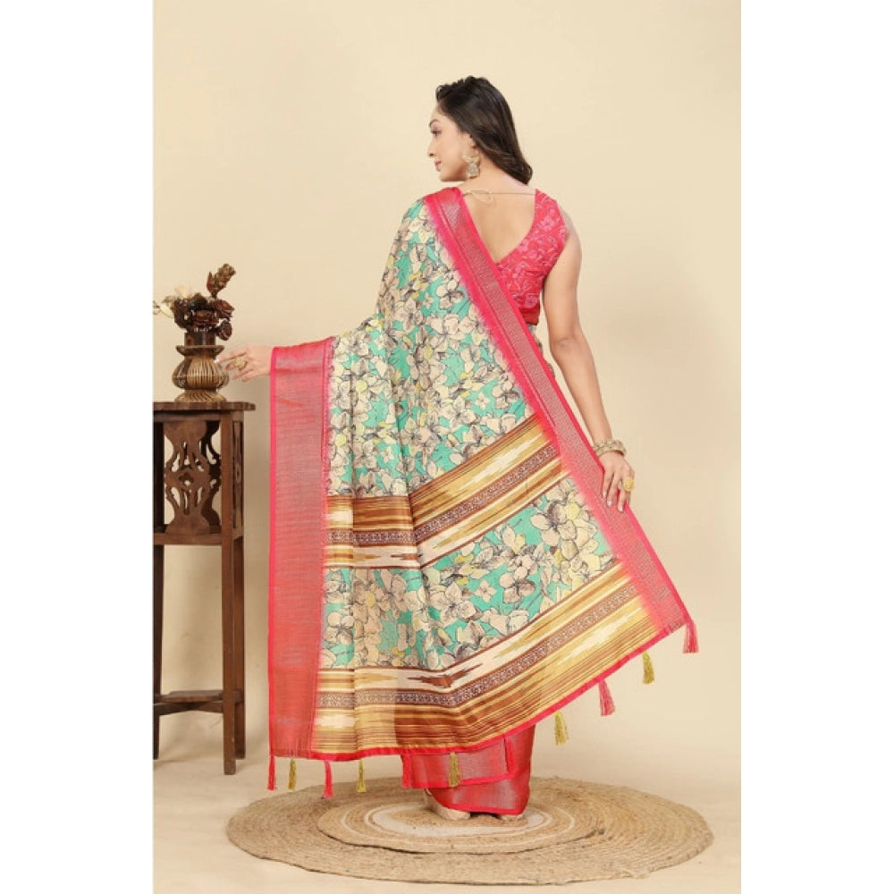 Generic Women's Cotton Silk Floral Printed Saree With Unstitched Blouse 5.5Mtr (Multicolor)