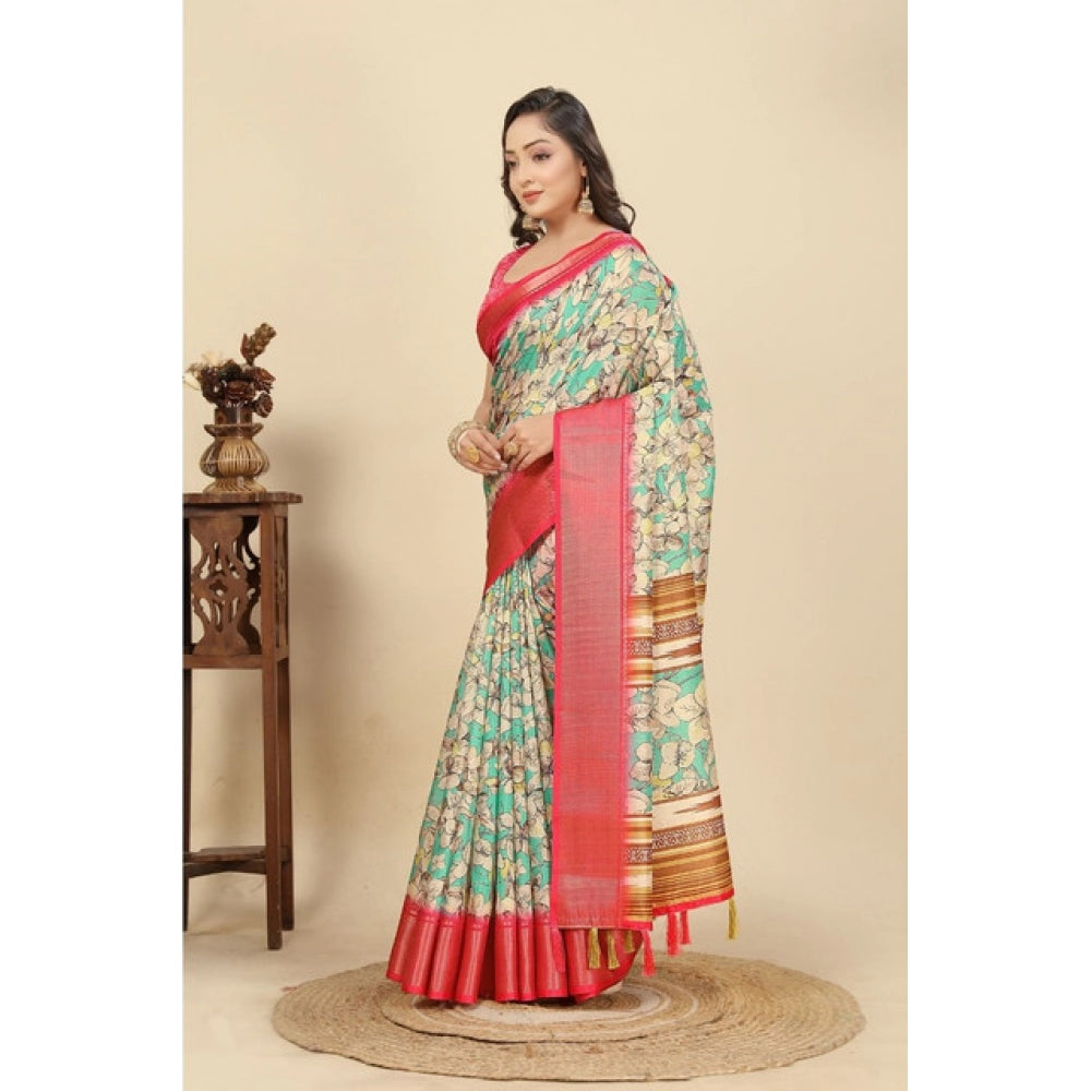 Generic Women's Cotton Silk Floral Printed Saree With Unstitched Blouse 5.5Mtr (Multicolor)
