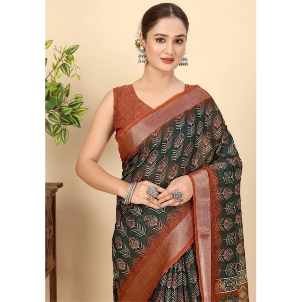 Generic Women's Cotton Silk Printed Saree With Unstitched Blouse 5.5Mtr (Multicolor)