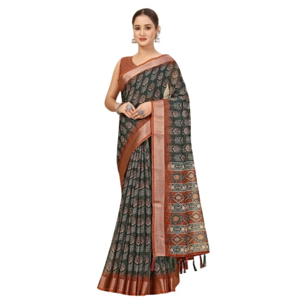 Generic Women's Cotton Silk Printed Saree With Unstitched Blouse 5.5Mtr (Multicolor)