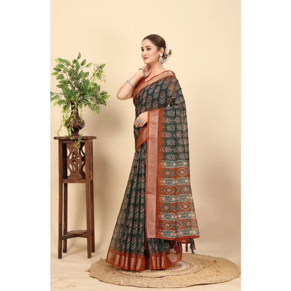 Generic Women's Cotton Silk Printed Saree With Unstitched Blouse 5.5Mtr (Multicolor)