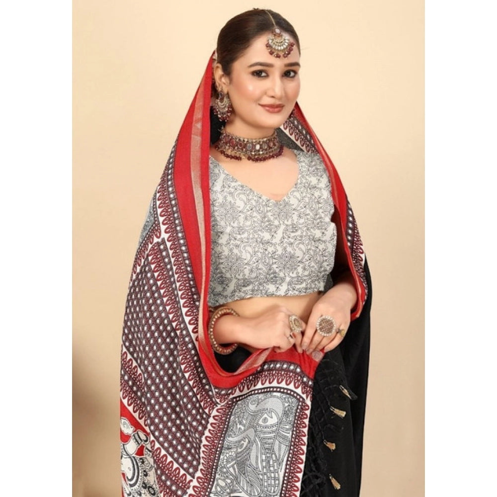 Generic Women's Cotton Silk Printed Saree With Unstitched Blouse 5.5Mtr (Black)