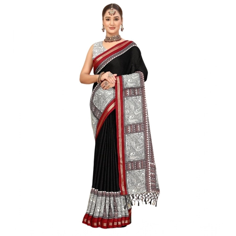 Generic Women's Cotton Silk Printed Saree With Unstitched Blouse 5.5Mtr (Black)