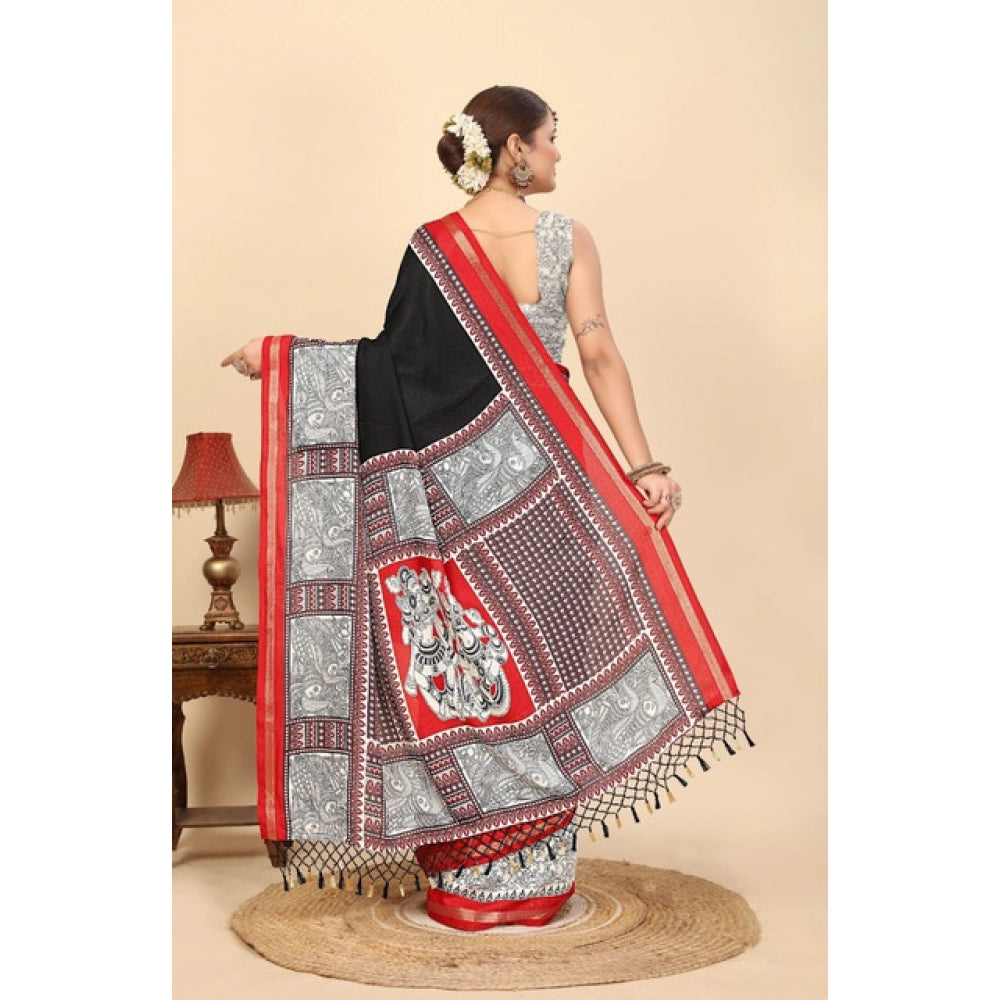 Generic Women's Cotton Silk Printed Saree With Unstitched Blouse 5.5Mtr (Black)