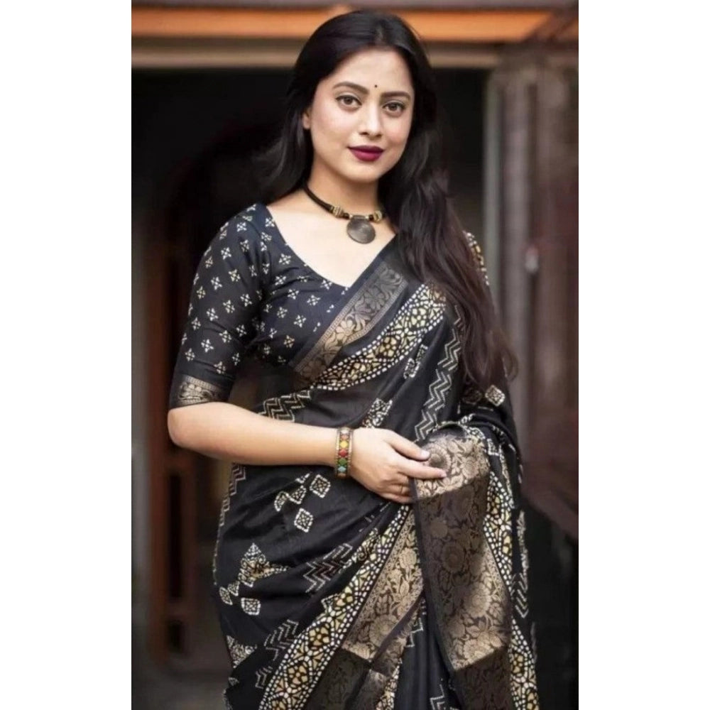 Generic Women's Cotton Silk Printed Saree With Unstitched Blouse 5.5Mtr (Black)