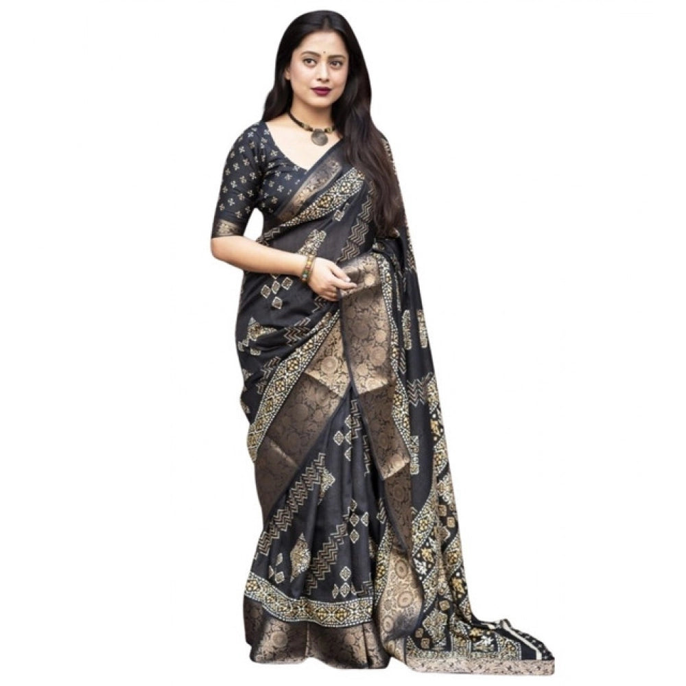Generic Women's Cotton Silk Printed Saree With Unstitched Blouse 5.5Mtr (Black)