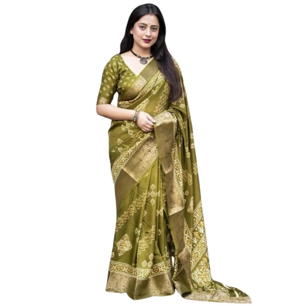 Generic Women's Cotton Silk Printed Saree With Unstitched Blouse 5.5Mtr (Green)