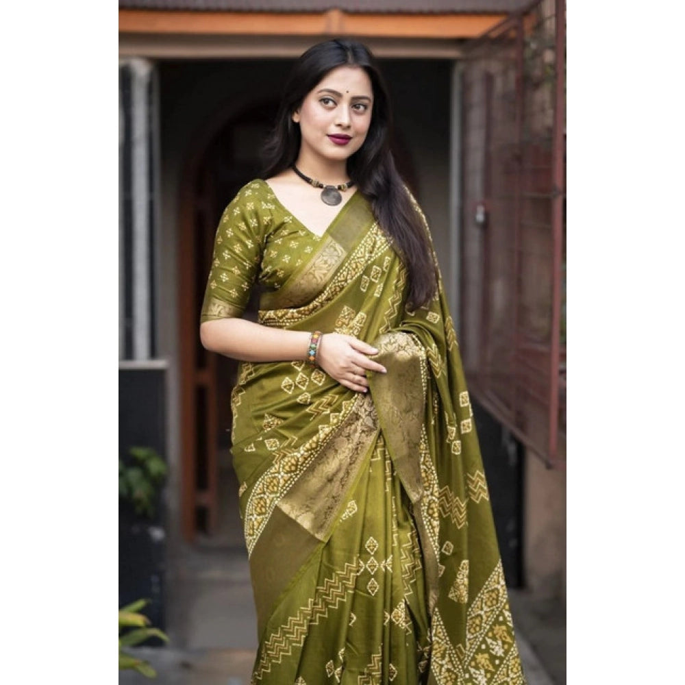 Generic Women's Cotton Silk Printed Saree With Unstitched Blouse 5.5Mtr (Green)