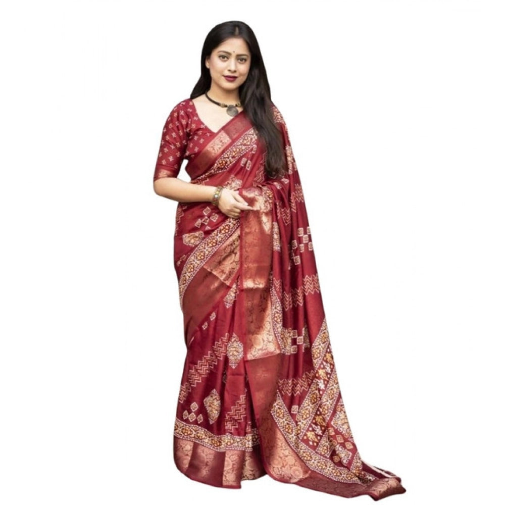 Generic Women's Cotton Silk Printed Saree With Unstitched Blouse 5.5Mtr (Maroon)