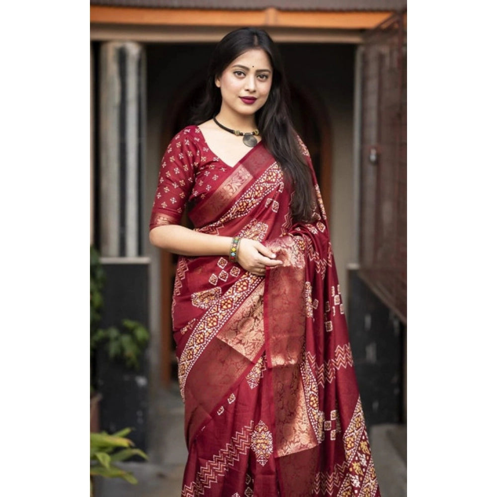 Generic Women's Cotton Silk Printed Saree With Unstitched Blouse 5.5Mtr (Maroon)