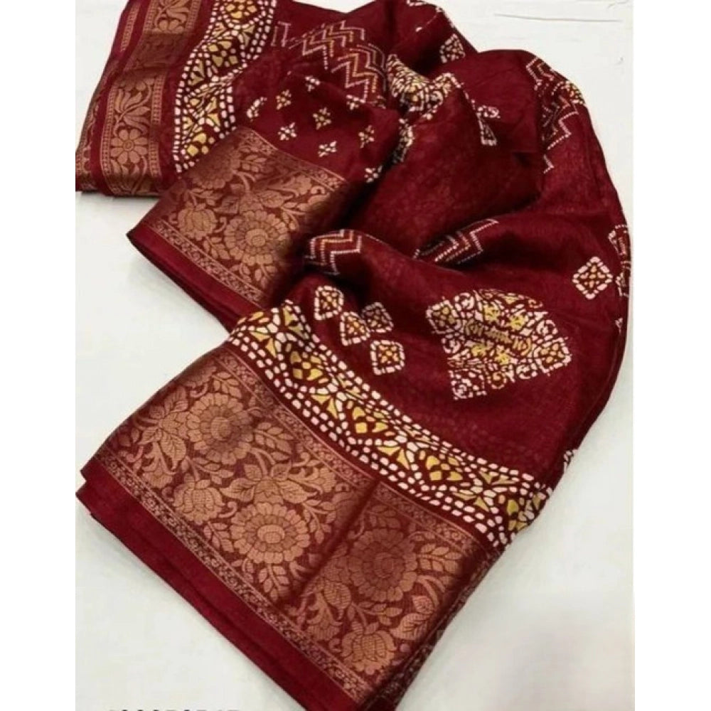 Generic Women's Cotton Silk Printed Saree With Unstitched Blouse 5.5Mtr (Maroon)